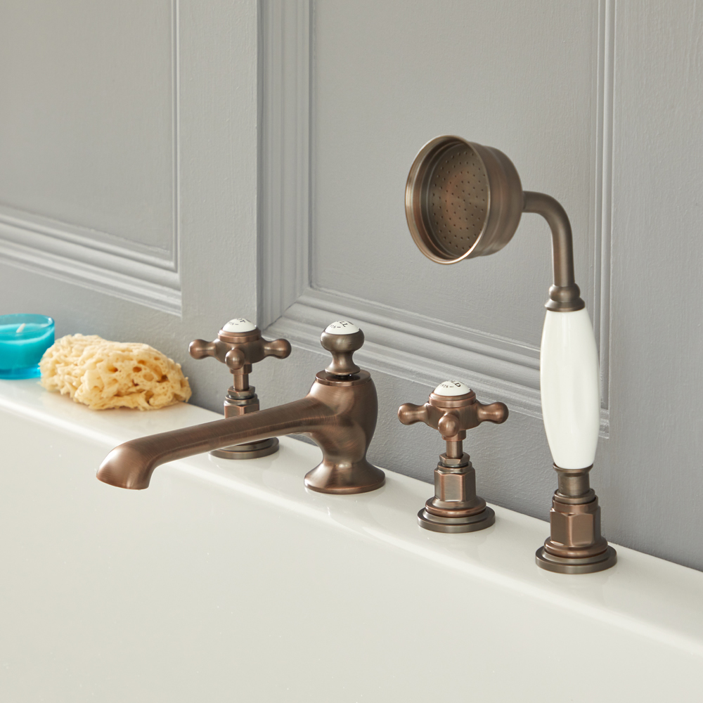 Rubinetto Miscelatore Vasca a 4 Fori con Doccetta Design Tradizionale Effetto Bronzo Brunito con Maniglie a Croce - Elizabeth