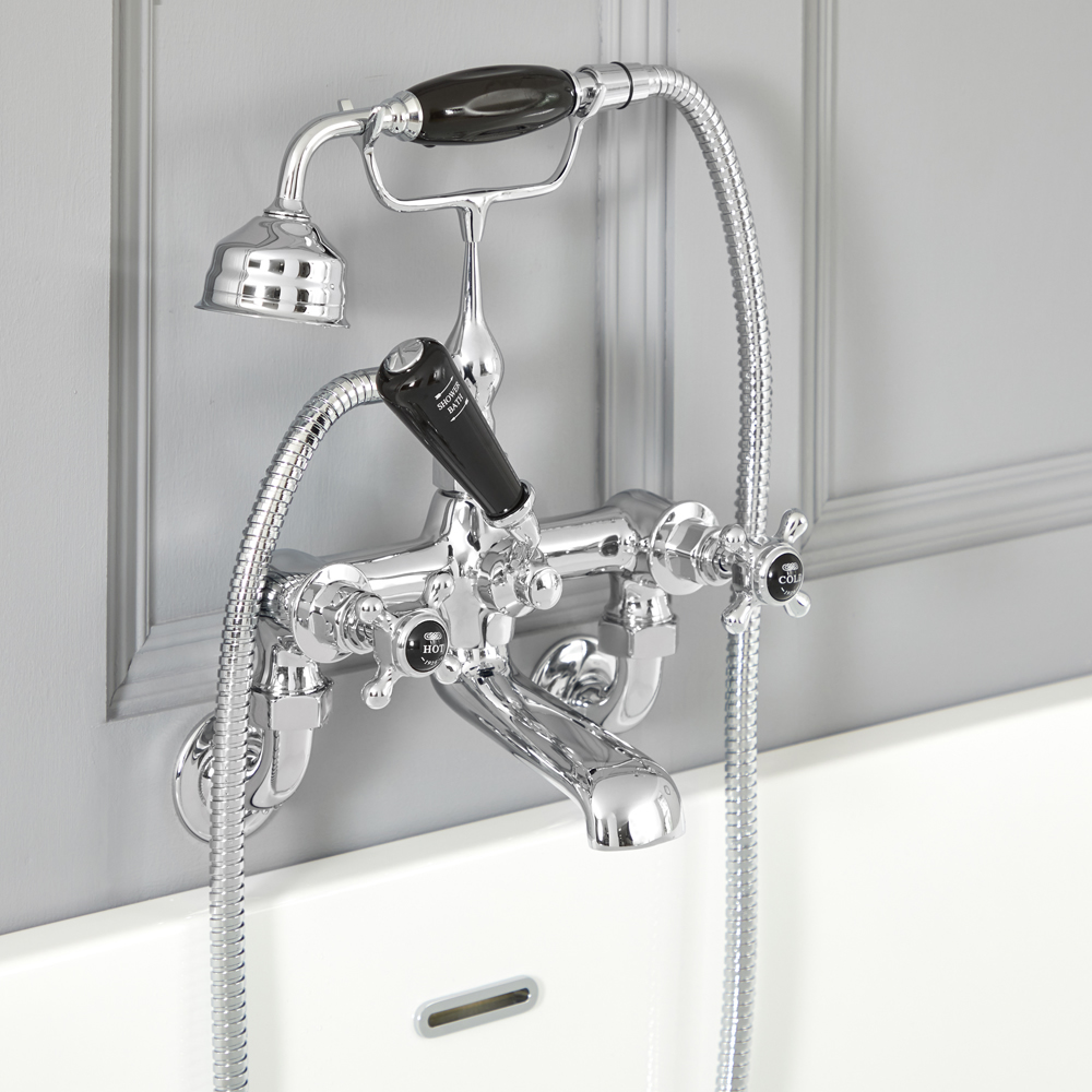 Rubinetto Miscelatore Vasca Murale Design Tradizionale Finitura Cromata e Nera con Maniglie a Croce - Elizabeth
