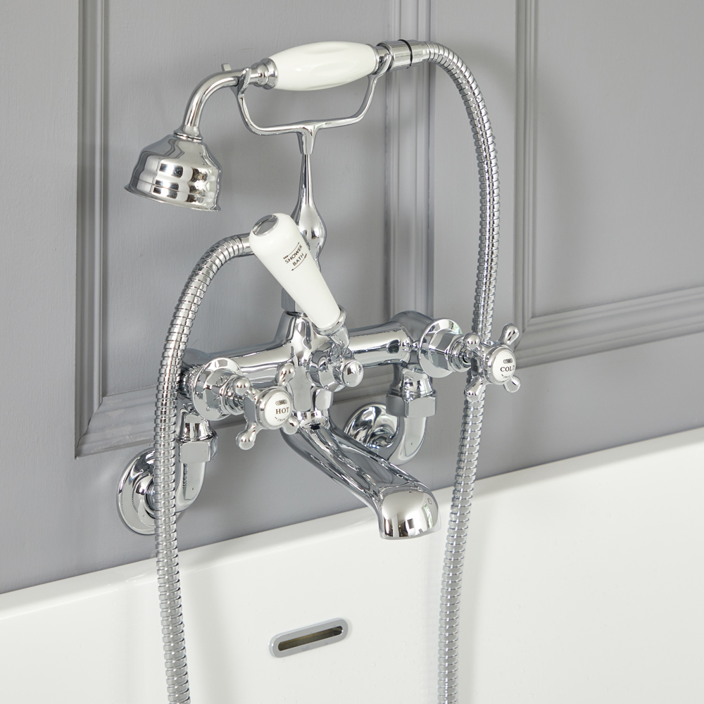 Rubinetto Miscelatore Vasca Design Tradizionale Murale Finitura Cromata e Bianca con Maniglie a Croce - Elizabeth