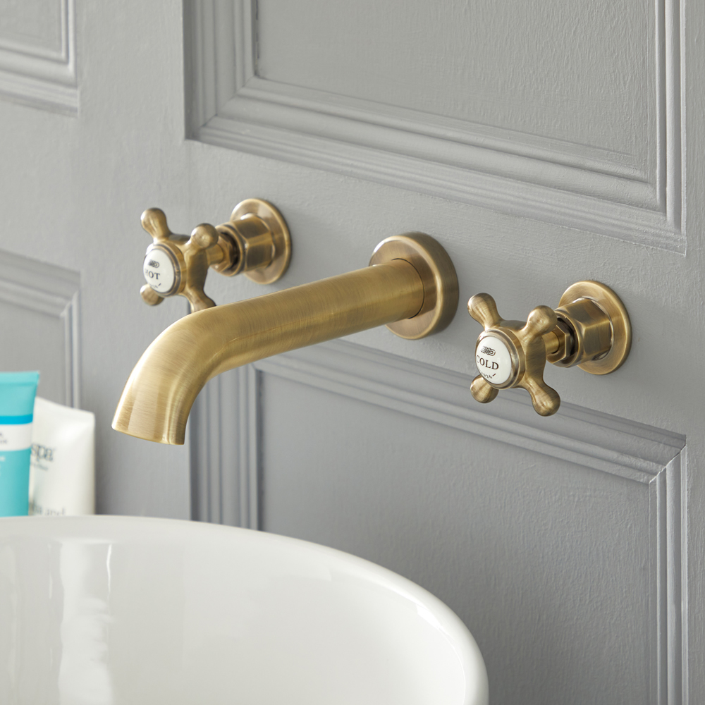Rubinetto Miscelatore Lavabo a 3 Fori Murale Stile Tradizionale Effetto Oro Spazzolato con Maniglie a Croce - Elizabeth