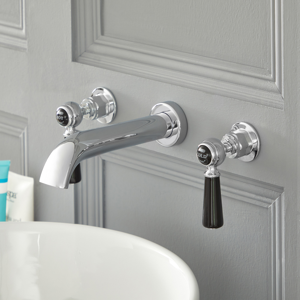 Rubinetto Miscelatore Murale a 3 Fori Lavabo Stile Tradizionale Finitura Cromata e Nera con Maniglie a Leva - Elizabeth
