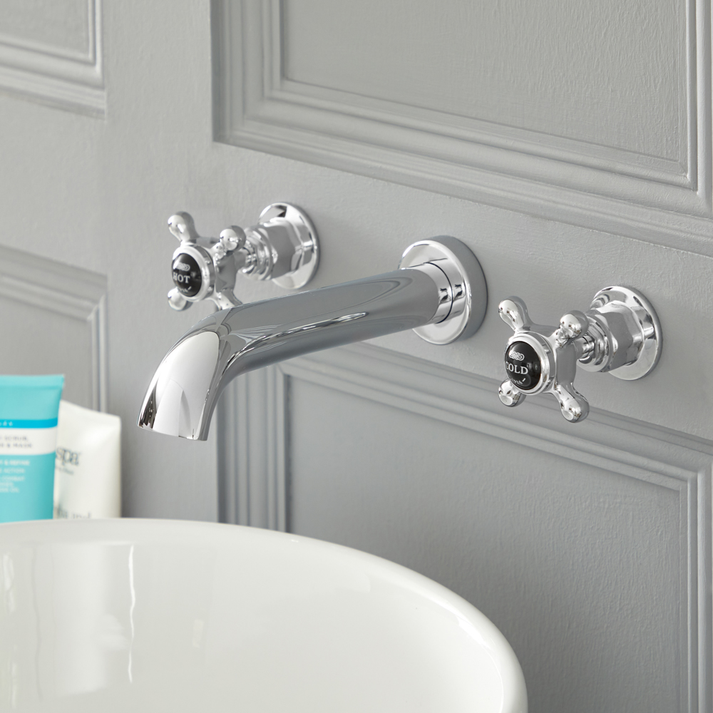 Rubinetto Miscelatore Murale Lavabo a 3 Fori Tradizionale Finitura Cromata e Nera con Maniglie a Croce - Elizabeth