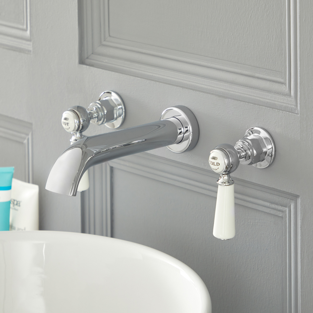 Rubinetto Miscelatore Murale Lavabo a 3 Fori Tradizionale Finitura Cromata e Bianca con Maniglie a Leva - Elizabeth