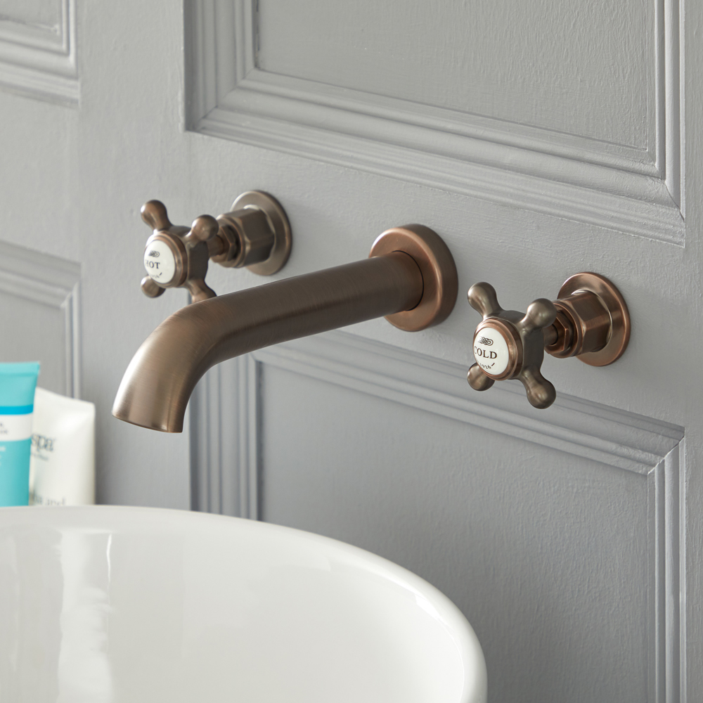 Rubinetto Miscelatore Murale Lavabo a 3 Fori Tradizionale Finitura Effetto Bronzo Brunito con Maniglie a Croce - Elizabeth