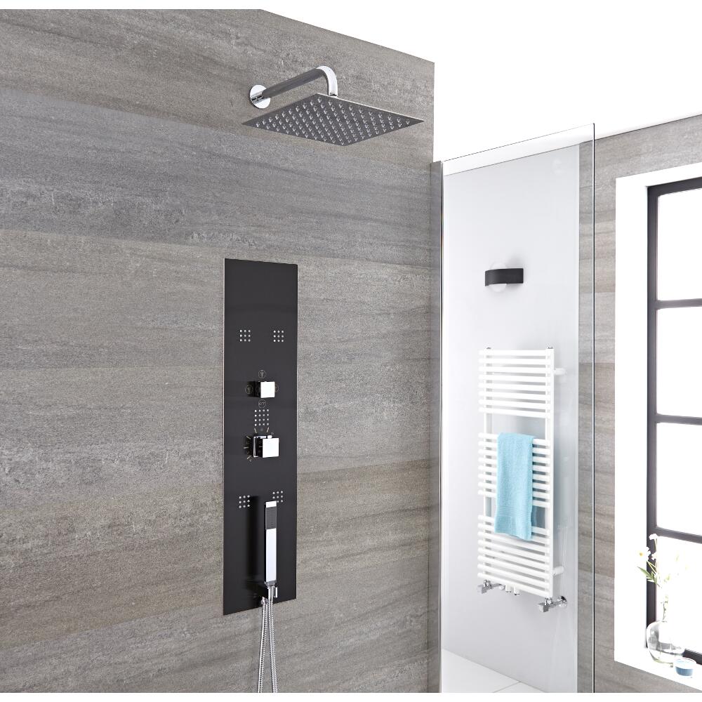 Pannello Doccia Idromassaggio Termostatico da Incasso Nero con Soffione Doccia Fisso 300mm con Braccio Murale - Llis