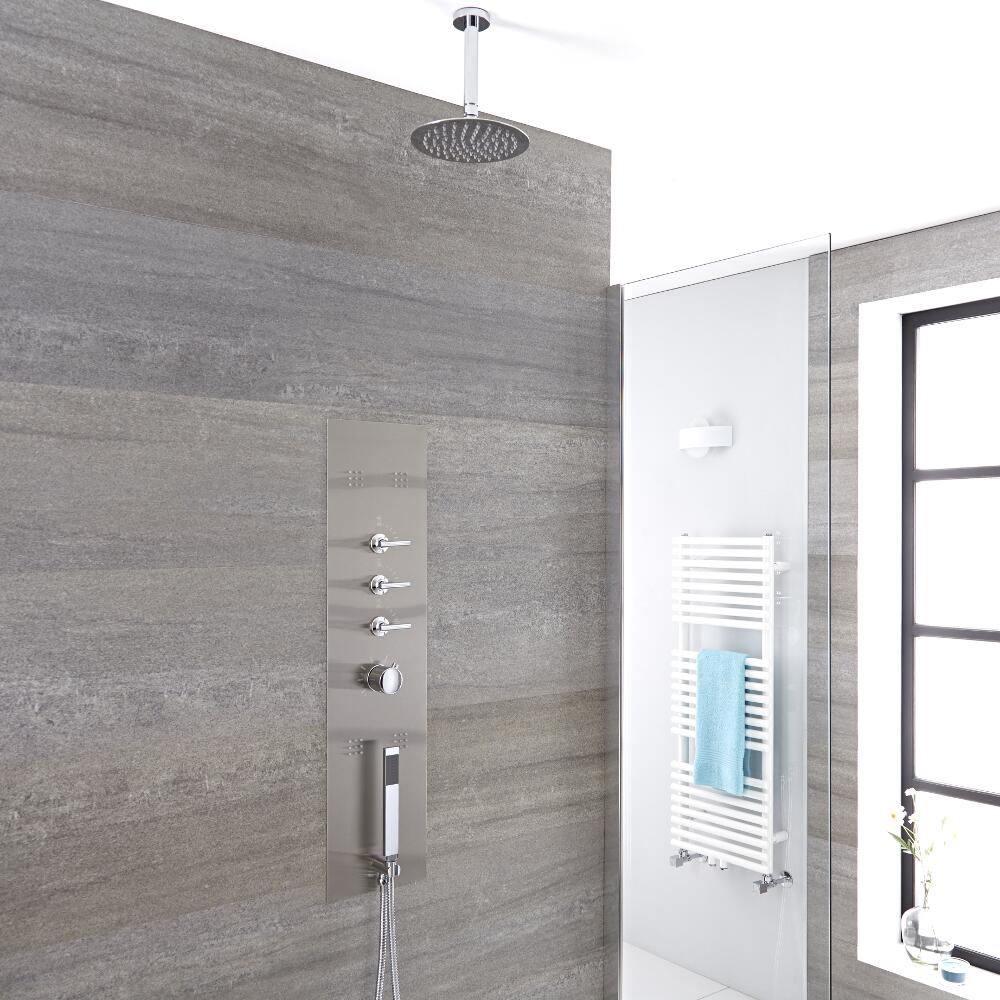 Pannello Doccia IdromassaggioTermostatico da Incasso Cromato Spazzolato con Soffione Doccia Tondo Fisso 200mm con Braccio a Soffitto - Voco