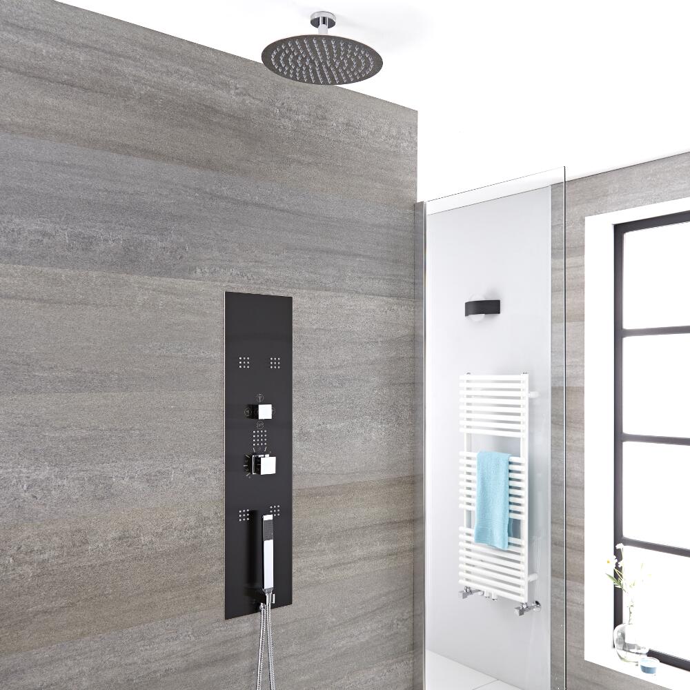 Pannello Doccia Idromassaggio Termostatico da Incasso Cromato Spazzolato con Soffione Doccia Tondo Fisso 300mm con Braccio a Soffitto 50mm - Lisse