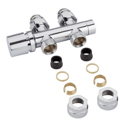 Valvole Diritte per Radiatori e Scaldasalviette con Attacco Centrale Complete di Testa Cromata e Adattatori per Raccordi da 16mm per Tubi in Rame - Multiblock H