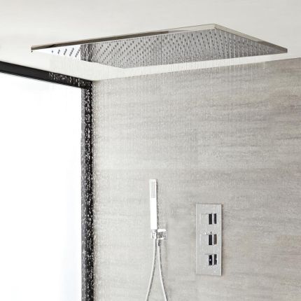 Kit Doccia Completo di Miscelatore Termostatico Incasso Triplo a Due Vie con Soffione Doccia ad Incasso 800x500mm e Doccetta