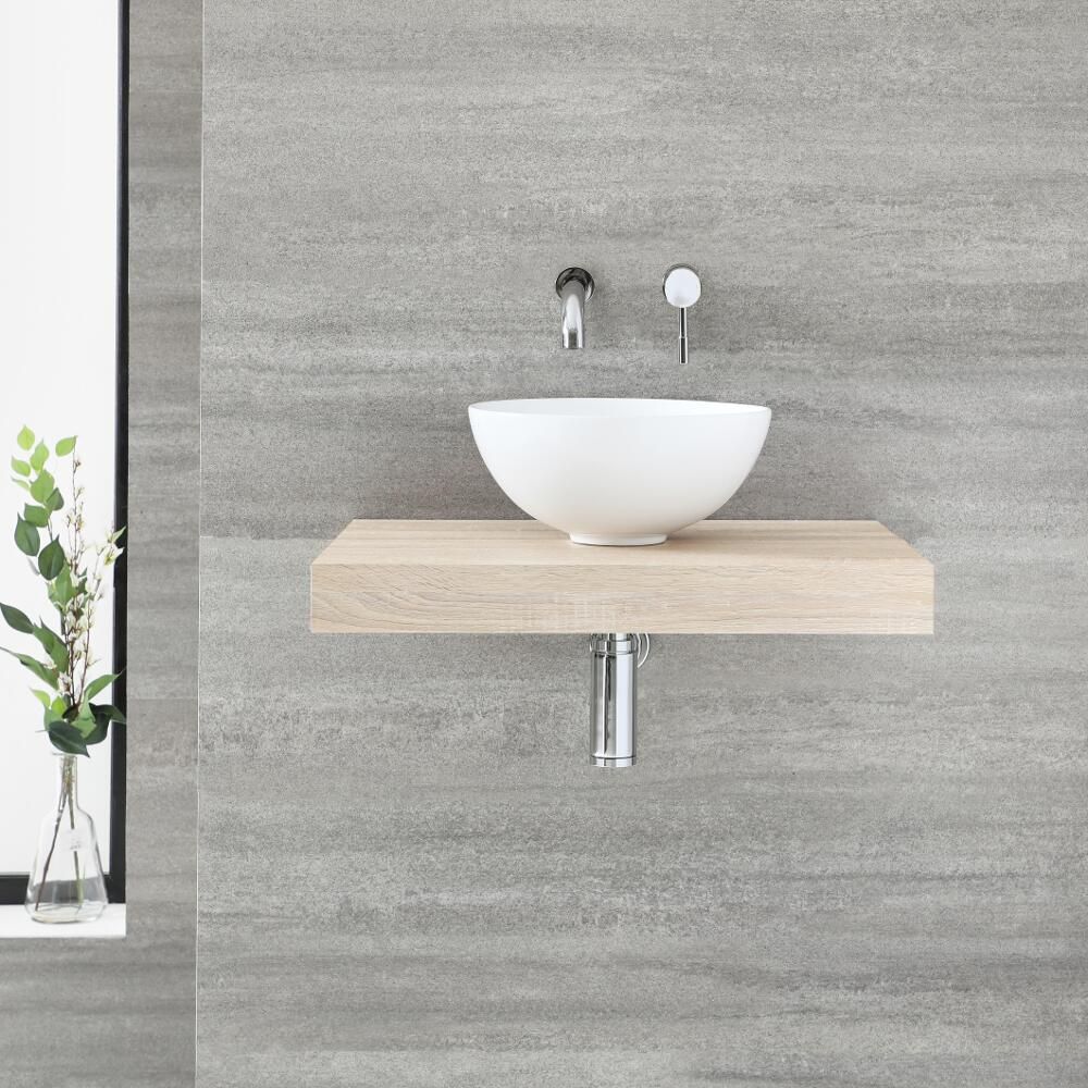 Mensola Murale Effetto Rovere 600mm Completa con Lavabo da Appoggio - Ashbury