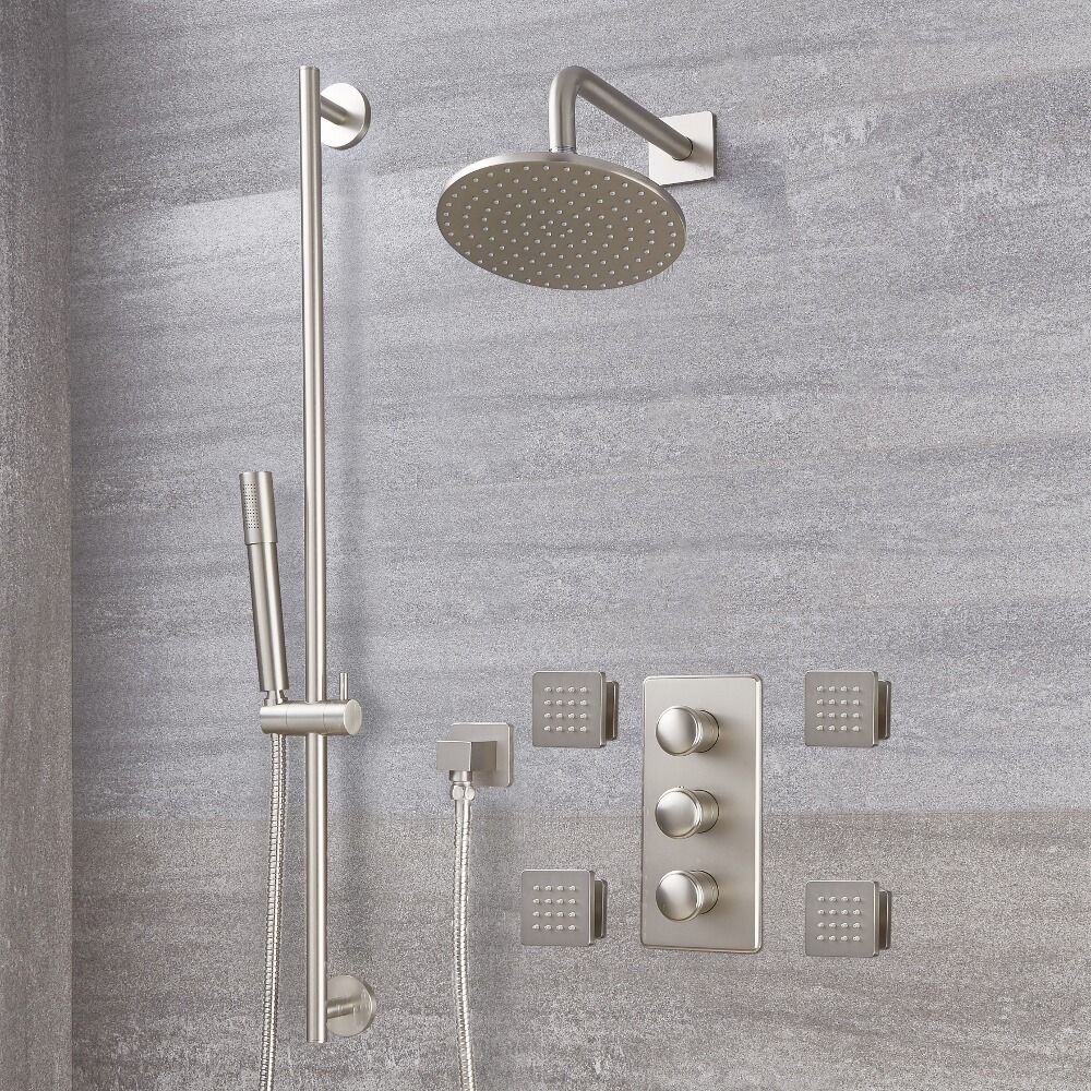 Kit Doccia in Nichel Spazzolato Completo di Miscelatore Doccia Termostatico a 3 Vie con Soffione Doccia Circolare 200mm, Asta Saliscendi e 4 Idrogetti - Aldwick