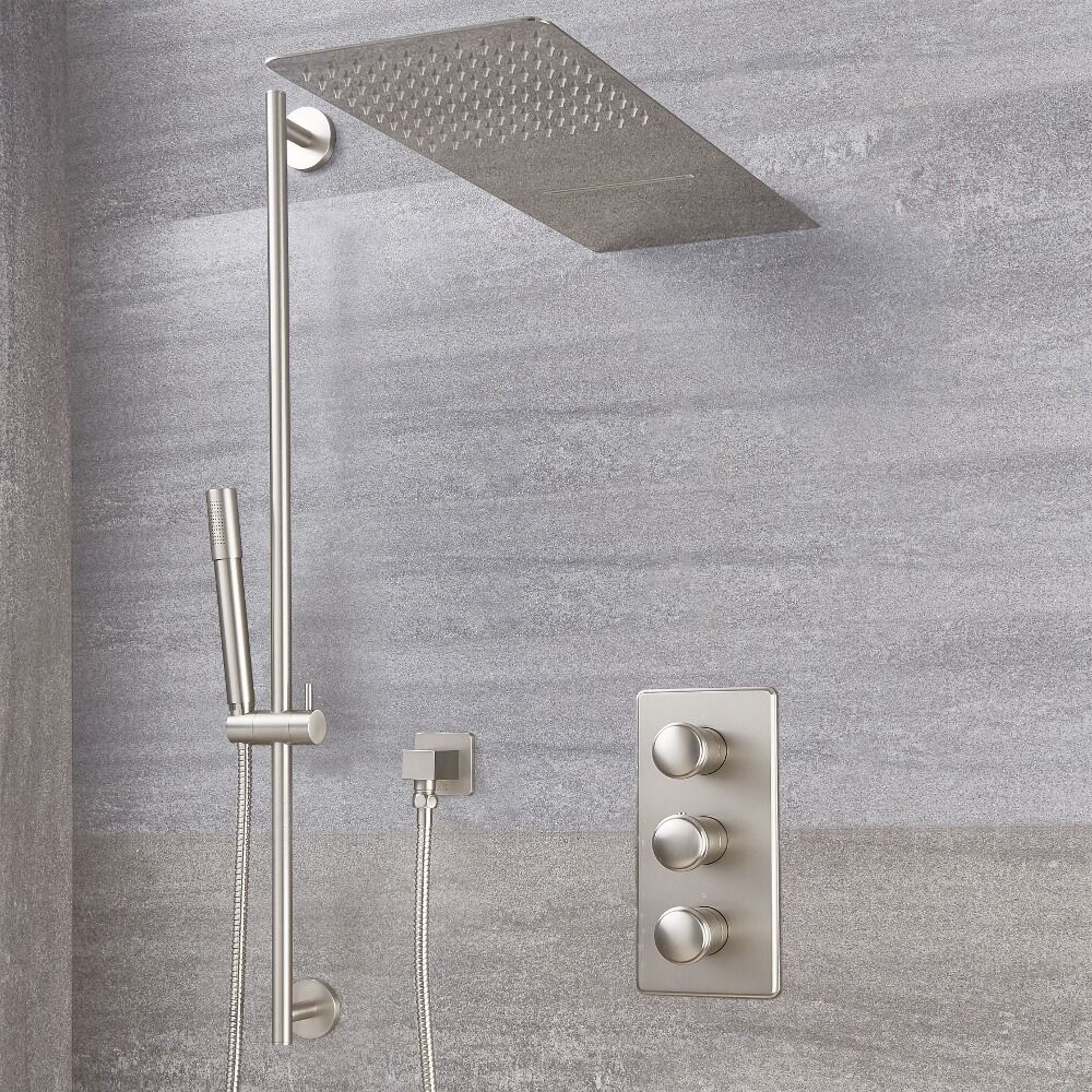 Kit Doccia  in Nichel Spazzolato Completo di Miscelatore Doccia Termostatico a 3 Vie con Deviatore, Soffione Doccia a 2 Vie e Asta Saliscendi e Doccetta  - Aldwick