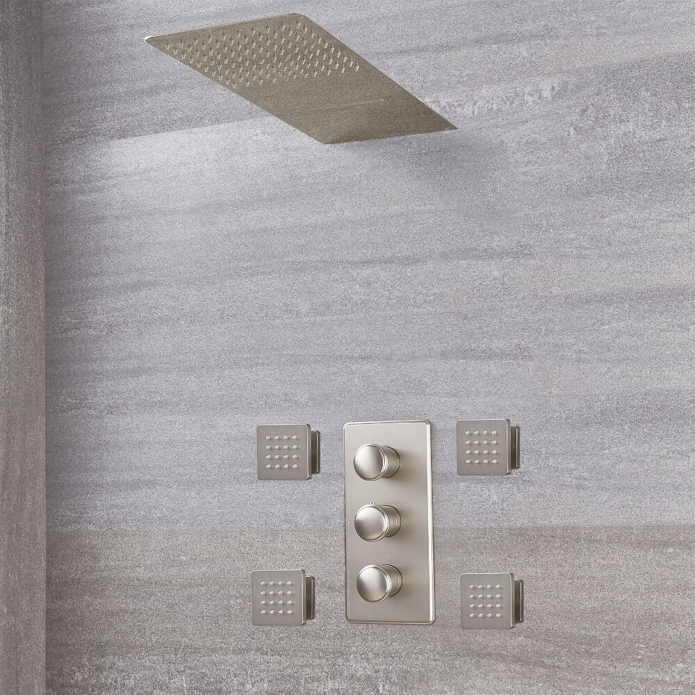 Kit Doccia in Nichel Spazzolato Completo di Miscelatore Doccia Termostatico a 3  Vie con Deviatore, Soffione Doccia a 2 Vie e 4 Idrogetti - Aldwick