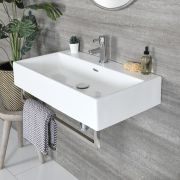 Lavabo Sospeso Bianco Rettangolare con Porta Salviette Cromato 750mm x 420mm - Sandford