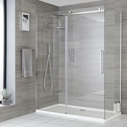Porta Doccia Scorrevole senza Profili Portland Disponibile con Pannello Doccia Laterale (Opzionale)- Disponibile in Diverse Misure