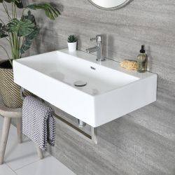 Lavabo Sospeso Bianco Rettangolare con Porta Salviette Cromato 750mm x 420mm - Sandford