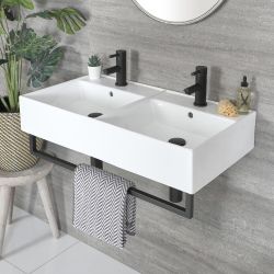 Lavabo Doppio Sospeso Bianco Doppio Rettangolare con Porta Salviette Nero 820mm x 420mm - Sandford