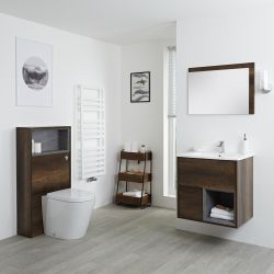 Mobile Bagno Sospeso da 600mm in Rovere Scuro con Lavabo Integrato, Mobile WC e Sanitario (con LED Opzionali) - Hoxton