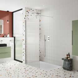 Box Doccia Walk-In Cromato in Vetro Scanalato con Piatto Doccia - Scelta di Dimensioni ed Opzioni con Anta Paraspruzzi