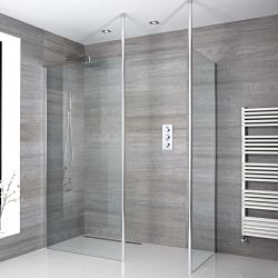 Kit Doccia Walk-In Angolare Completo di Parete Doccia Aperta con Opzione fra Diverse Canalette e Pareti – Sera