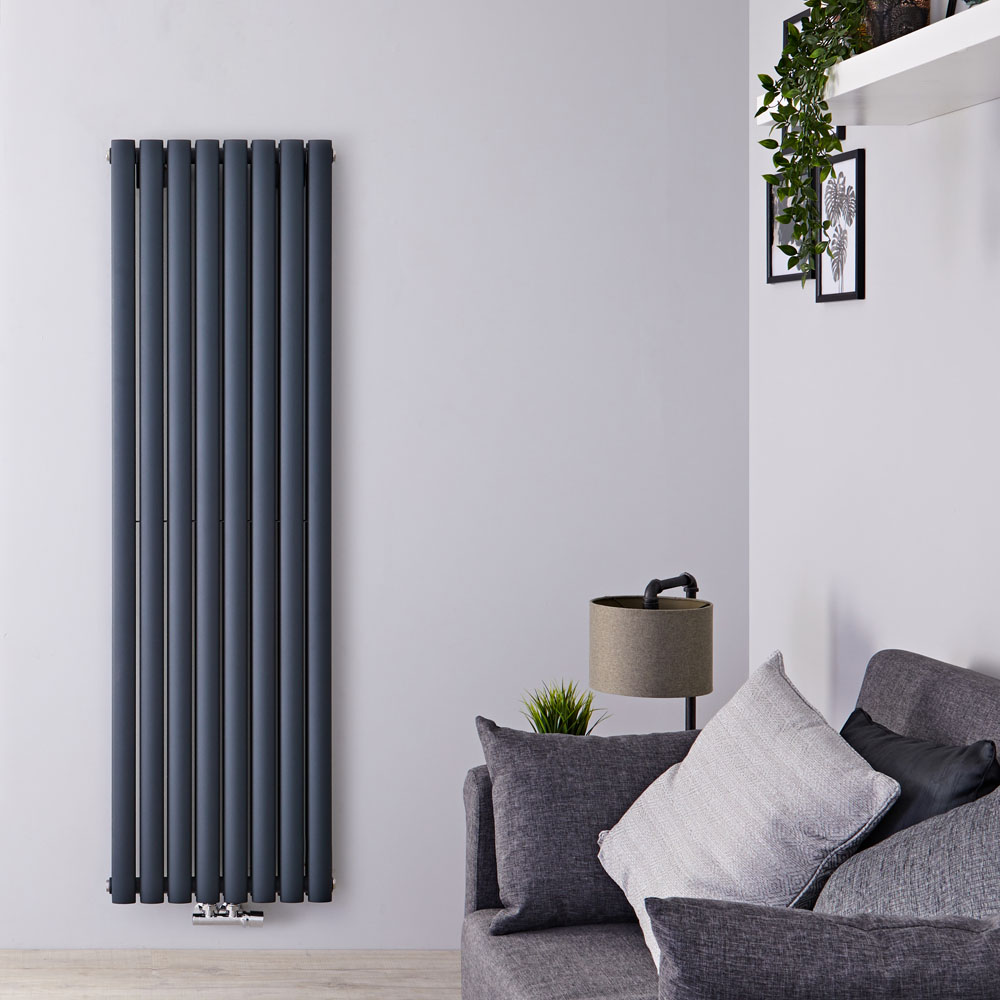 Radiatore di Design Verticale Doppio con Attacco Centrale - Antracite - 1600mm x 472mm x 78mm - 1718 Watt - Revive Caldae