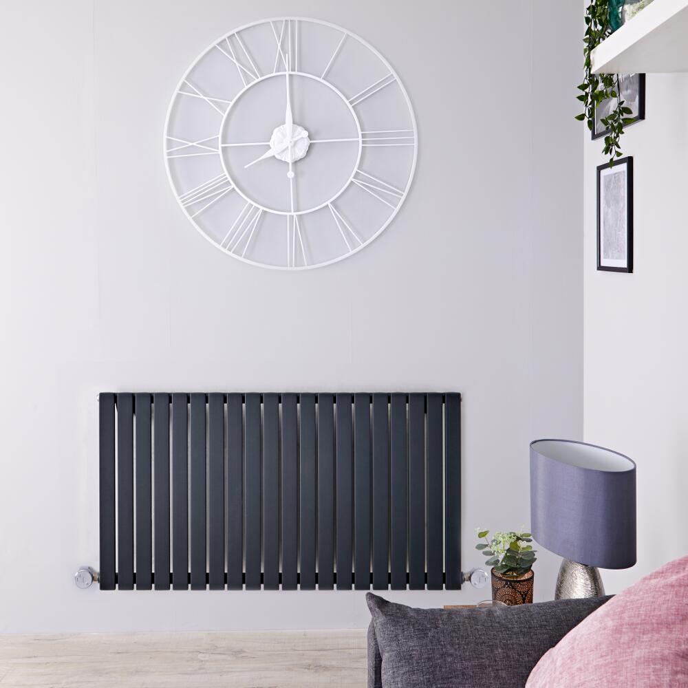 Radiatore di Design Elettrico Orizzontale - Antracite - 635mm x 1180mm x 53mm - 2 Elementi Termostatici 800W - Sloane