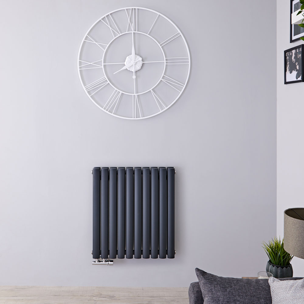 Radiatore di Design Orizzontale Doppio con Attacco Centrale - Antracite - 635mm x 590mm x 78mm - 1042 Watt - Revive Caldae