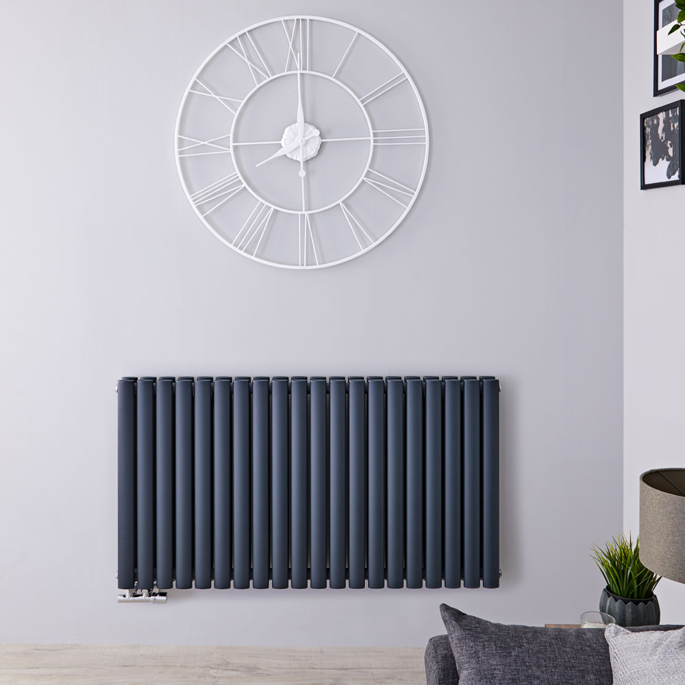 Radiatore di Design Orizzontale Doppio con Attacco Centrale - Antracite - 635mm x 1180mm x 78mm - 2086 Watt - Revive Caldae