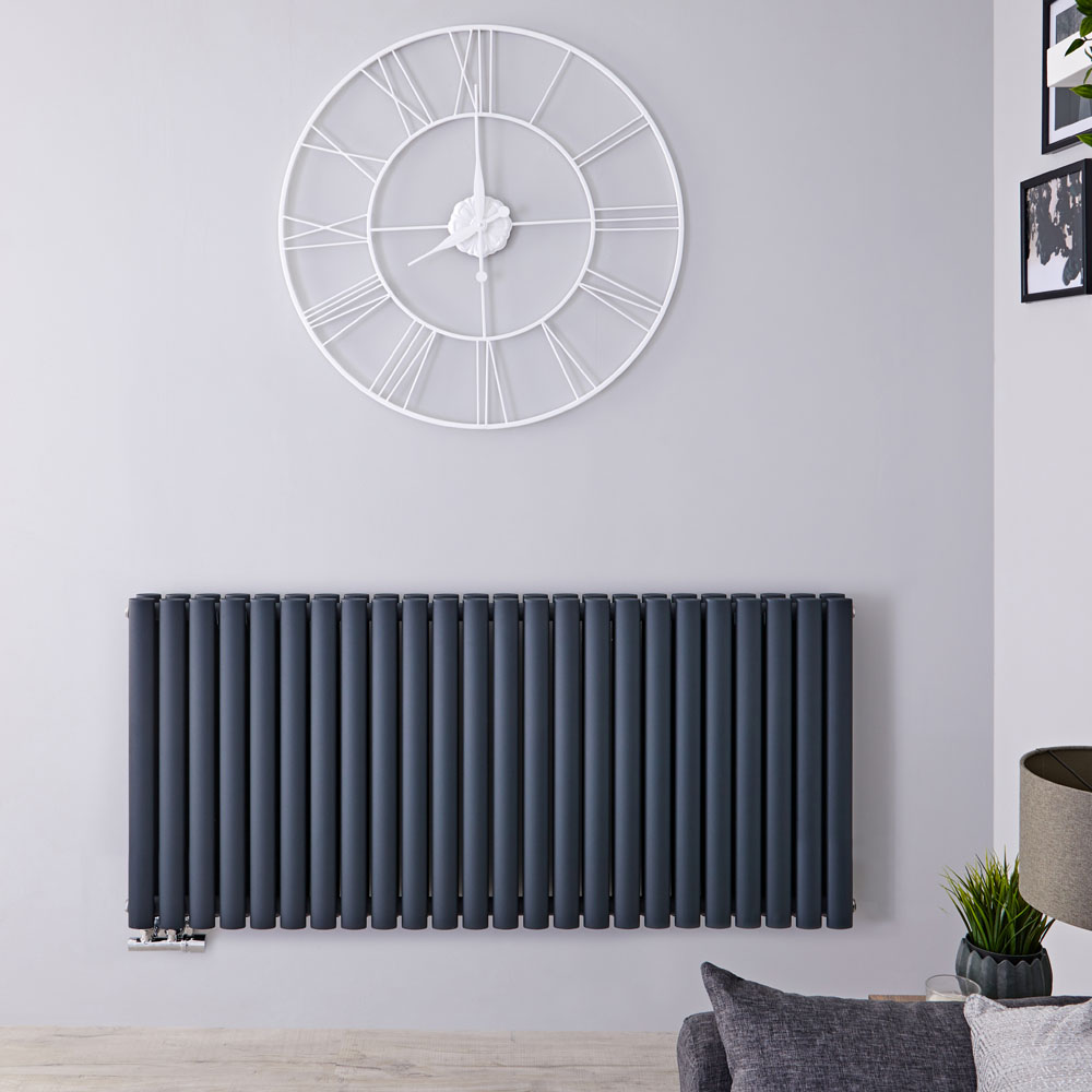 Radiatore di Design Orizzontale Doppio con Attacco Centrale - Antracite - 635mm x 1411mm x 78mm - 2503 Watt - Revive Caldae