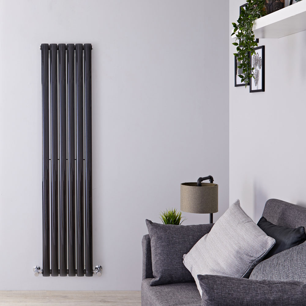 Radiatore di Design Verticale - Nero Lucido - 1600mm x 354mm x 56mm - 841 Watt - Revive
