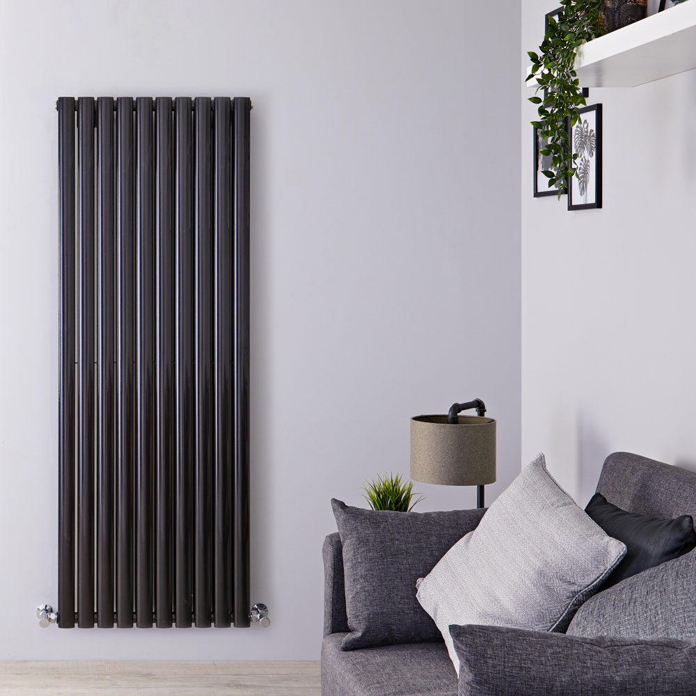 Radiatore di Design Verticale Doppio - Nero Lucido - 1600mm x 590mm x 78mm - 2047 Watt - Revive