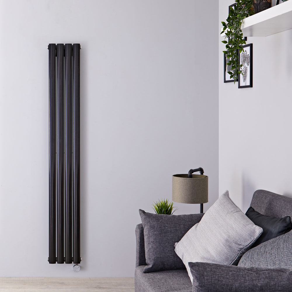 Radiatore di Design Elettrico Verticale Doppio - Nero Lucido - 1600mm x 236mm x 78mm - 1 Elemento Termostatico 1200W - Revive