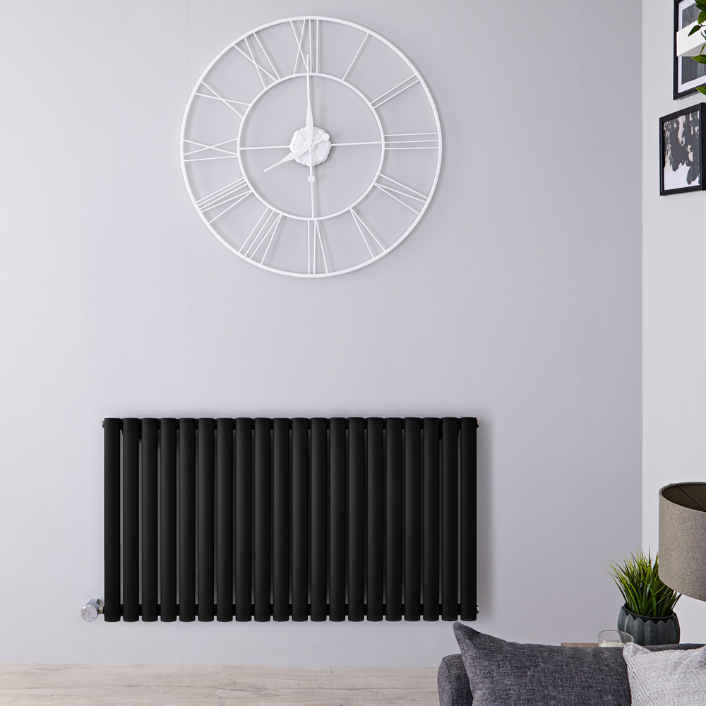 Radiatore di Design Elettrico Orizzontale - Nero Opaco - 635mm x 1180mm x 56mm - 2 Elementi Termostatici 800W - Revive
