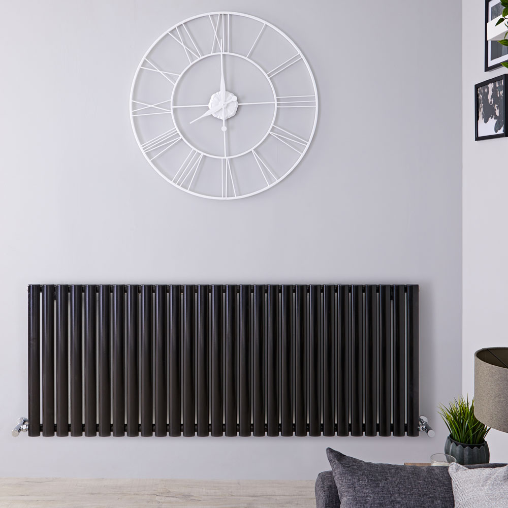 Radiatore di Design Orizzontale Doppio - Nero Lucido - 635mm x 1647mm x 78mm - 2609 Watt - Revive