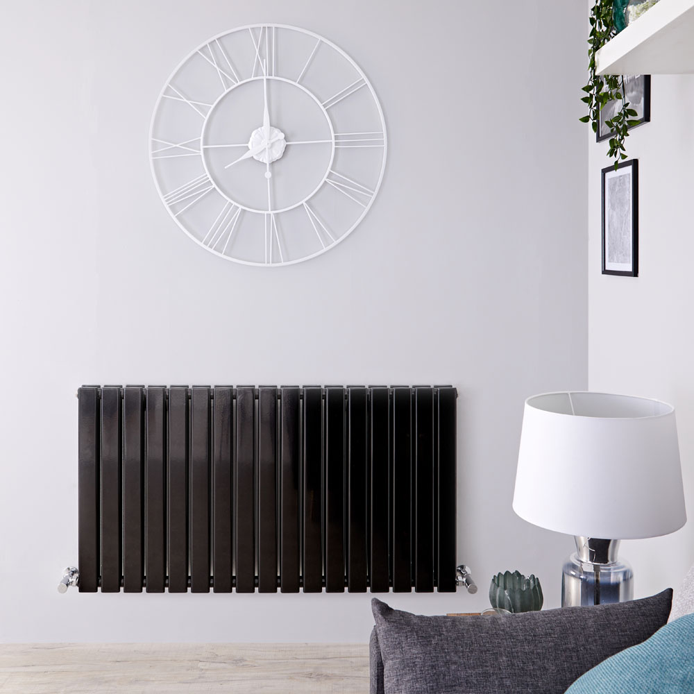 Radiatore di Design Orizzontale Doppio - Nero Lucido - 635mm x 1190mm x 58mm - 1624 Watt - Delta