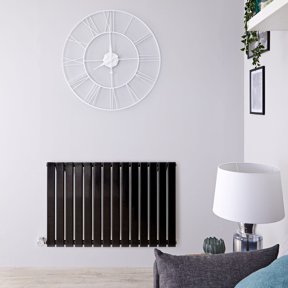 Radiatore di Design Elettrico Orizzontale - Nero Lucido - 635mm x 980mm x 46mm - Elemento Termostatico 800W - Delta