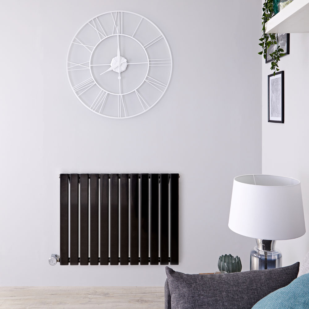 Radiatore di Design Elettrico Orizzontale - Nero Lucido - 635mm x 840mm x 46mm - Elemento Termostatico 800W - Delta