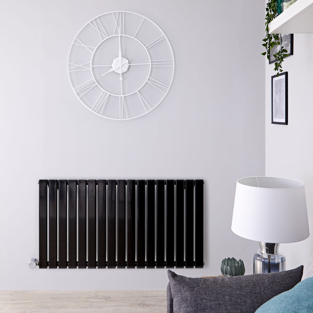 Radiatore di Design Elettrico Orizzontale - Nero Lucido - 635mm x 1190mm x 46mm - Elemento Termostatico 1000W - Delta