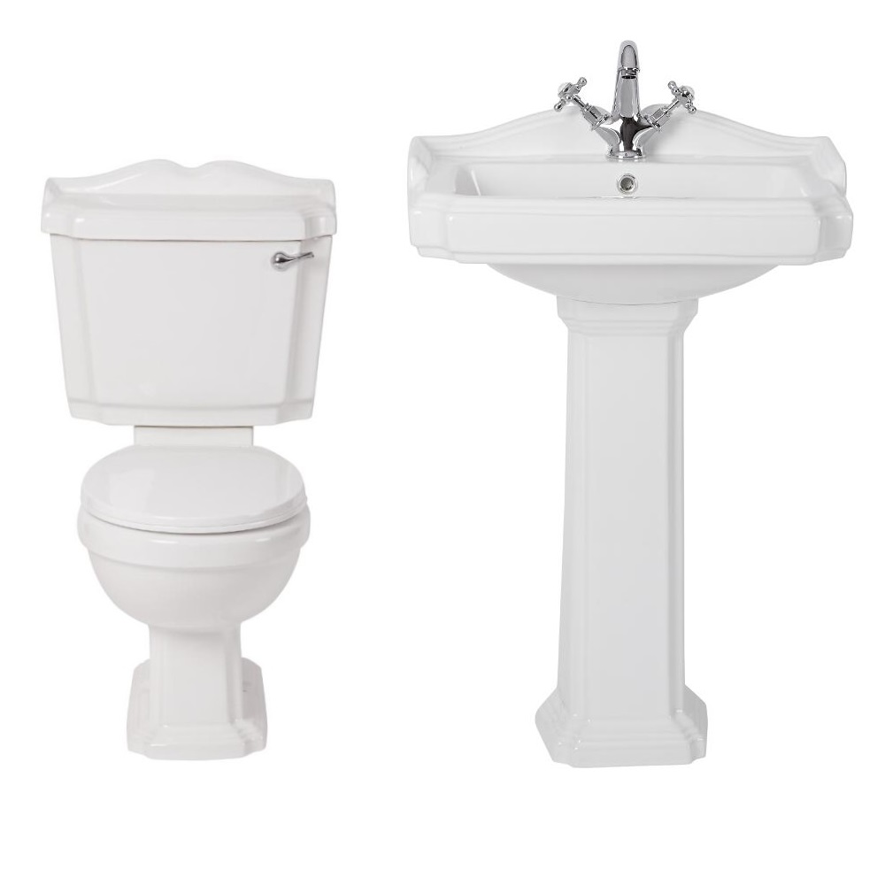 Set Bagno Completo di Lavabo Monoforo su Colonna in Stile Classico Completo di Sanitario e Cassetta in Ceramica Bianca e Copriwater - Oxford