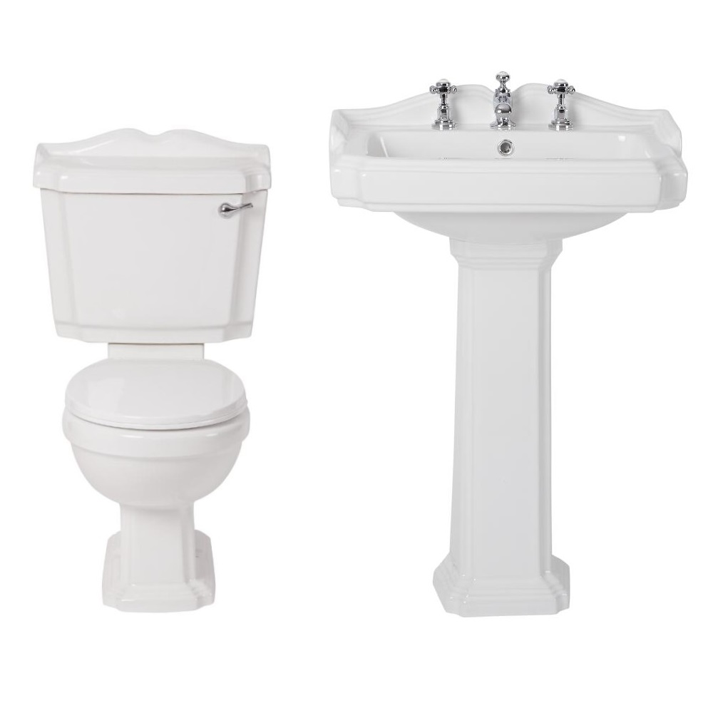 Set Bagno Completo di Lavabo su Colonna in Stile Tradizionale Predisposto per Rubinetteria a 3 Fori, Completo di Sanitario e Cassetta in Ceramica Bianca e Copriwater - Oxford
