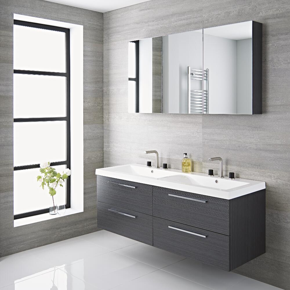 Mobile Bagno Sospeso Doppio Colore Grigio 1440x510x550mm con Lavabo Integrato - Langley