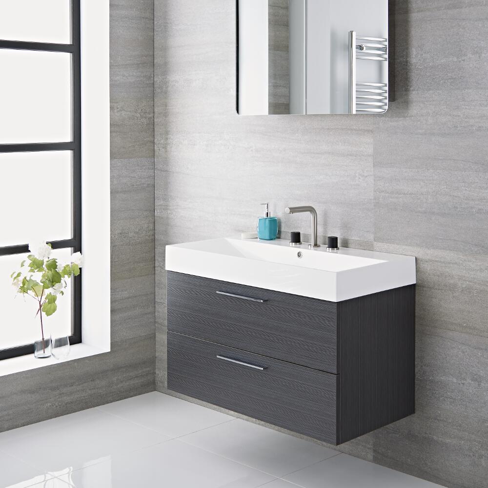 Mobile Bagno Sospeso Colore Grigio 900x480x600mm con Lavabo Integrato - Langley