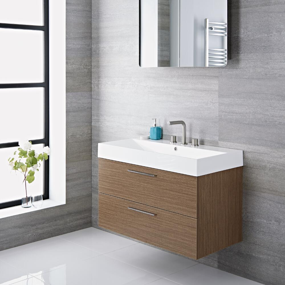 Mobile Bagno Sospeso Colore Rovere 900x480x600mm con Lavabo Integrato - Langley