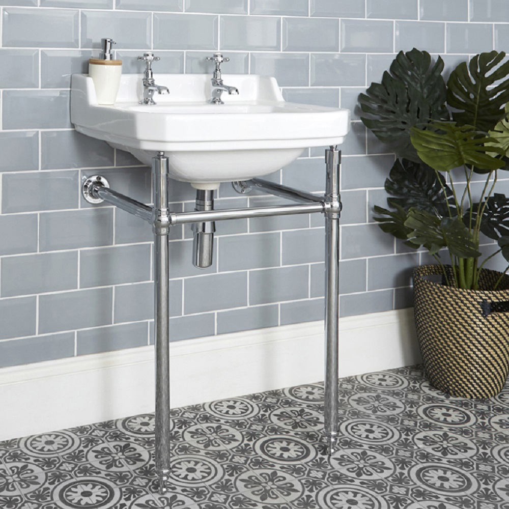 Consolle con Lavabo in Ceramica Bianca e Struttura Tradizionale in Ottone Cromato 560mm - Richmond