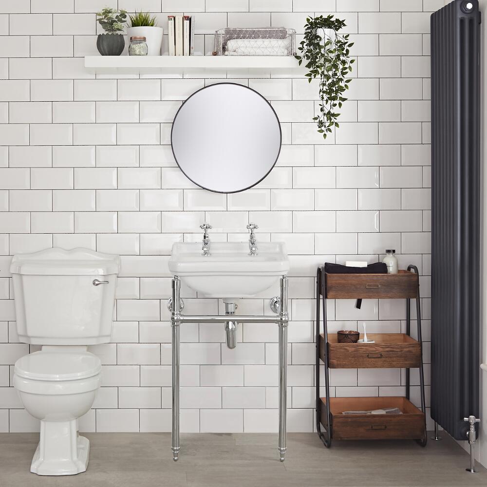 Consolle con Lavabo in Ceramica Bianca e Struttura Tradizionale in Ottone Cromato 500mm con 2 Fori - Old London