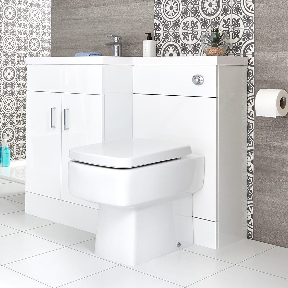 Set Bagno Colore Bianco Completo di Mobile, Lavabo a Sinistra, Sanitario Integrato e Cassetta - Geo