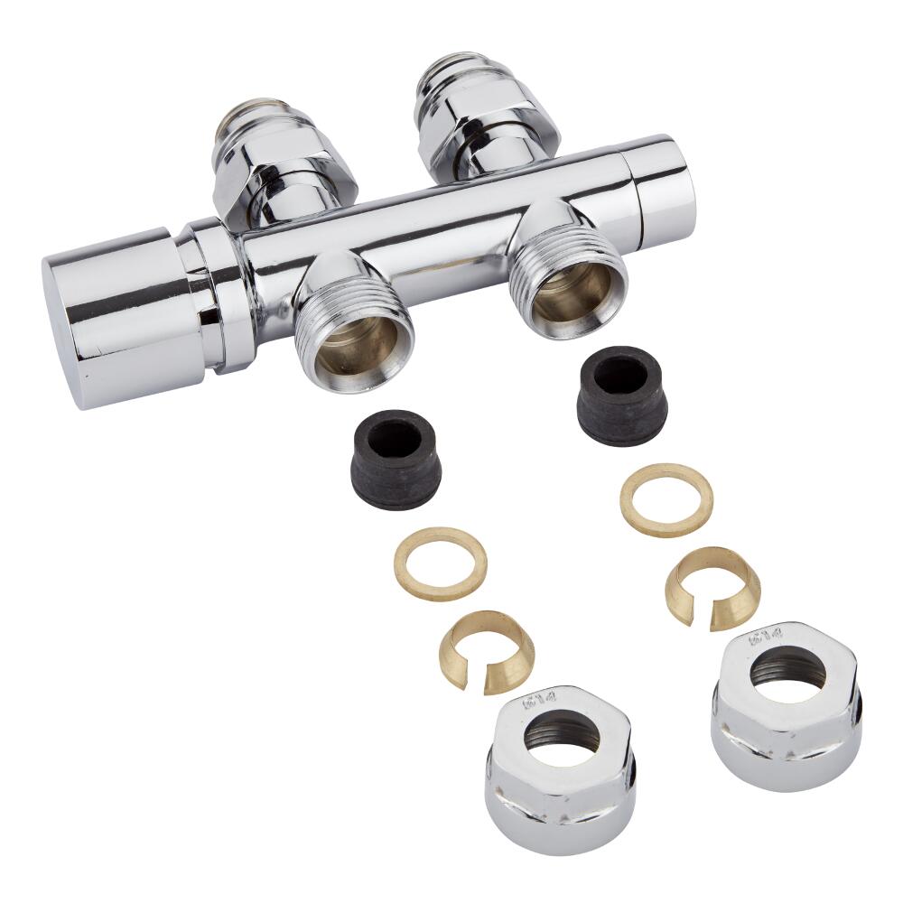 Valvole Diritte per Radiatori e Scaldasalviette con Attacco Centrale Complete di Teste Cromate con Adattatori per Raccordi 14mm per Tubi in Rame - Multiblock H