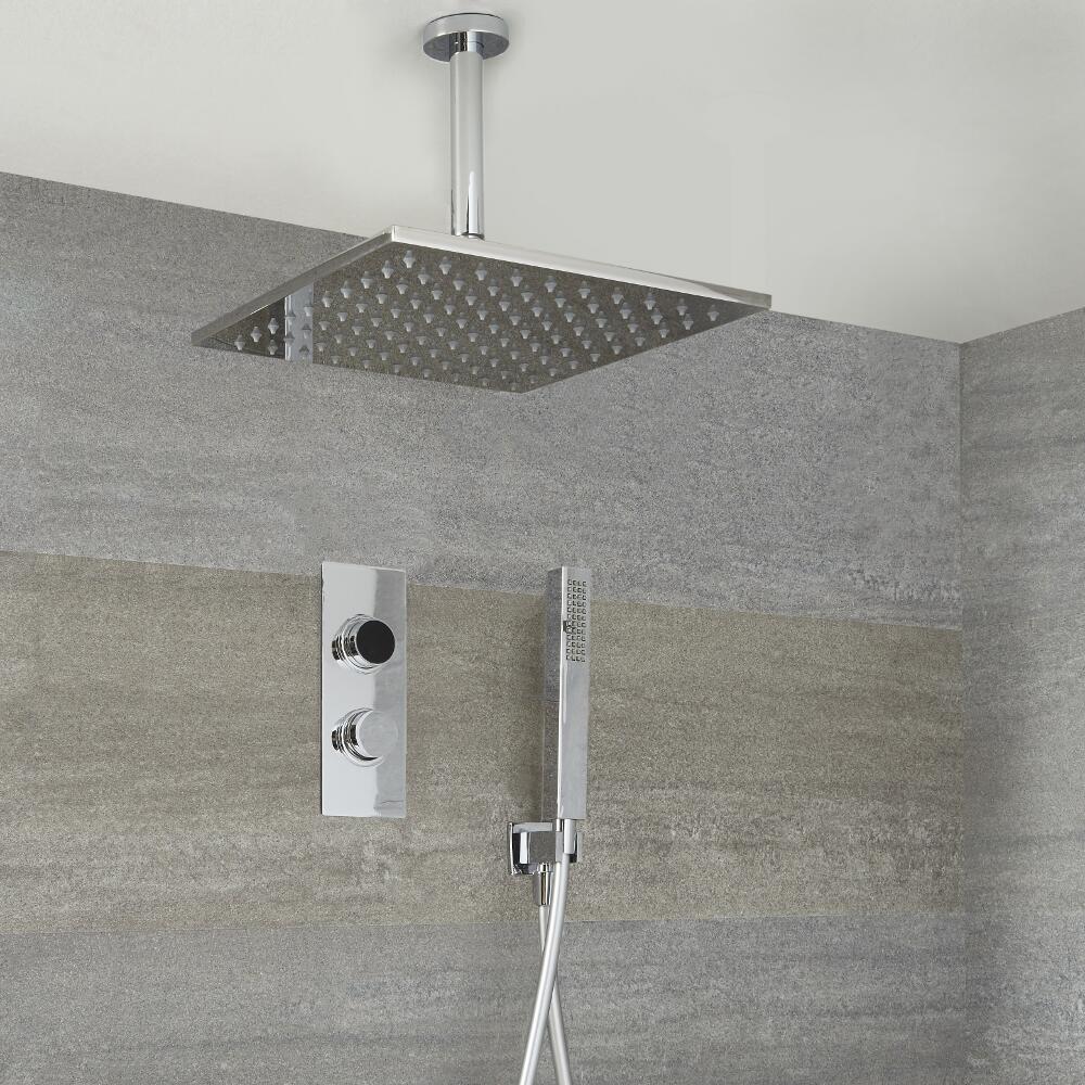Doccia Digitale con Sistema di Controllo a 2 Vie con Soffione Doccia Quadrato 400x400mm, Braccio a Soffitto e Doccetta - Narus