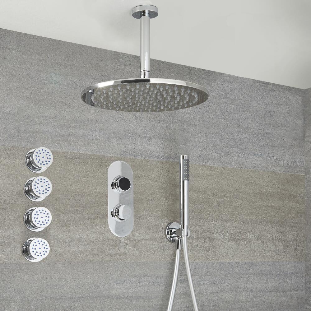 Doccia Digitale con Sistema di Controllo a 3 Vie con Soffione Doccia Circolare 300mm, Braccio Doccia a Soffitto, 4 Idrogetti e Doccetta - Narus