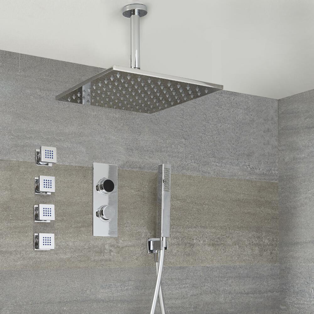 Doccia Digitale con Sistema di Controllo a 3 Vie Complerto di Soffione Doccia Quadrato 300mm, Braccio Doccia a Soffitto, 4 Idrogetti e Doccetta - Narus